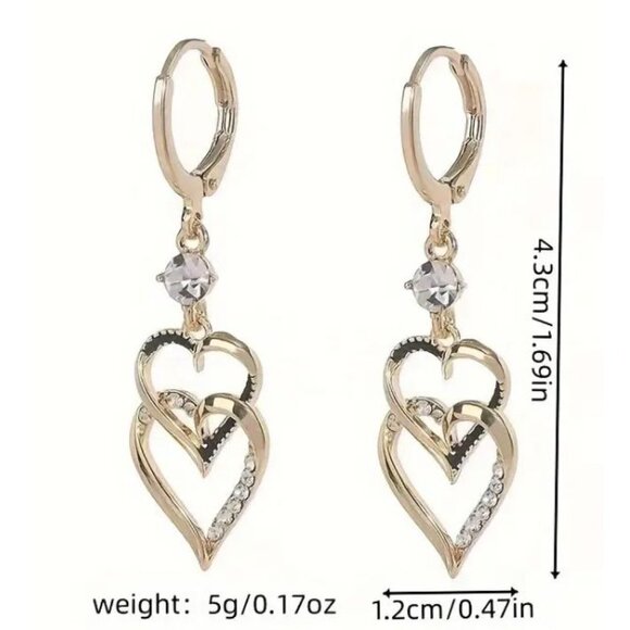 Gold Toned Double Heart Drop Earrings‎ With Rhinestones - Picture 2 of 4